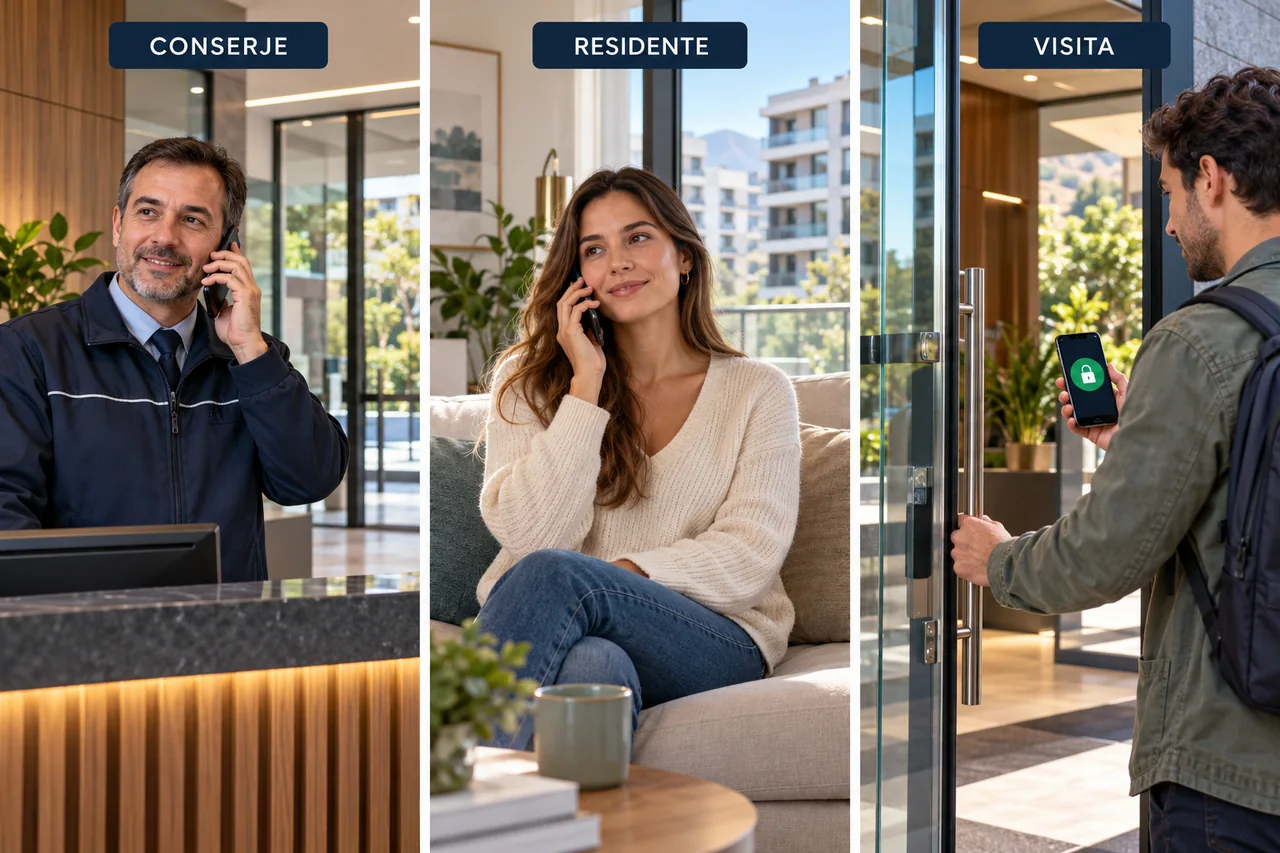 Tres escenas ilustrativas: conserje y residente hablando por celular y visita abriendo la puerta desde su teléfono.