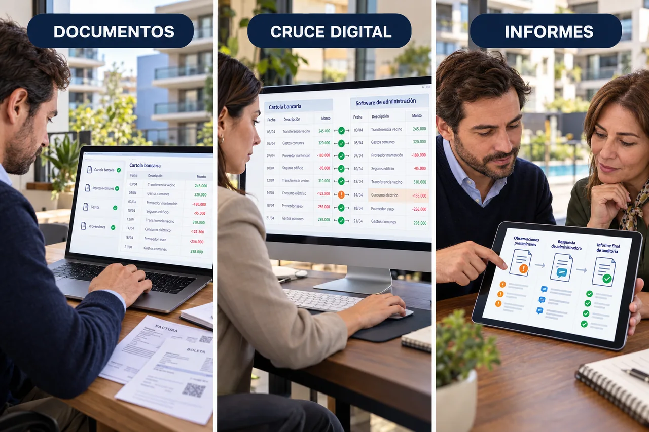 Tres escenas ilustrativas: carga de cartolas y registros, cruce digital e informes de auditoría.