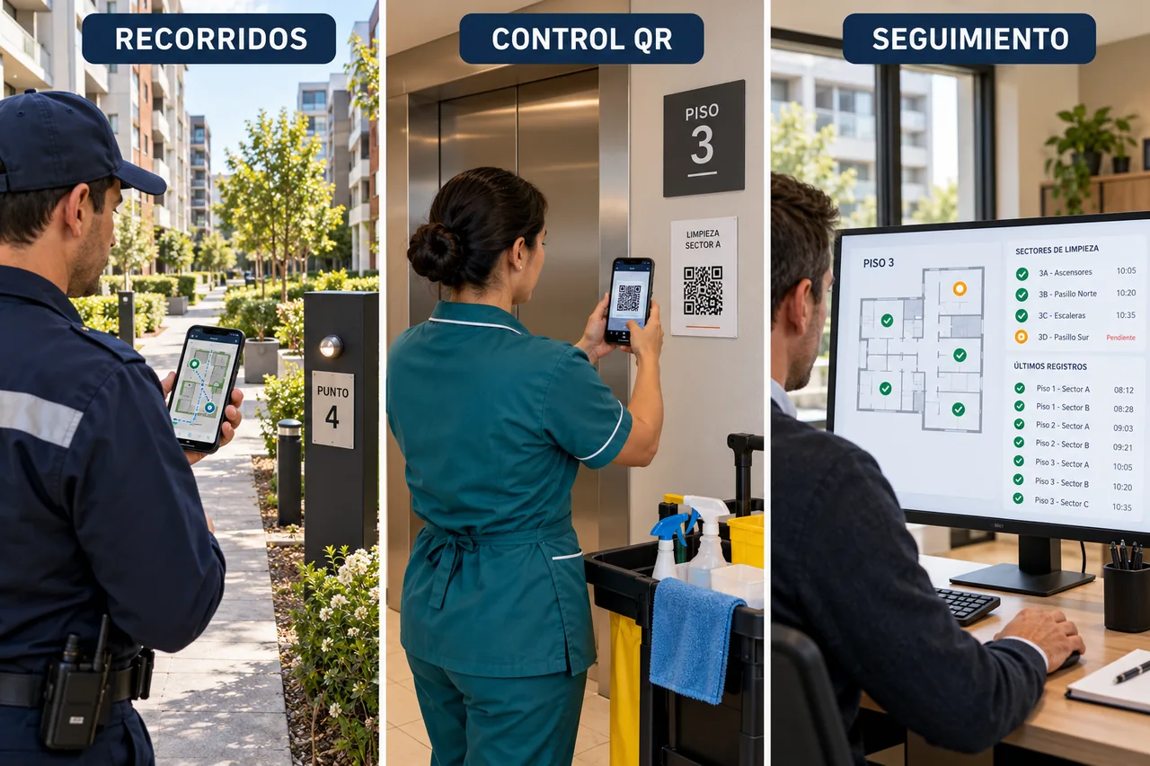 Tres escenas ilustrativas: recorridos por el condominio, registro de aseo mediante QR por piso y seguimiento de sectores.