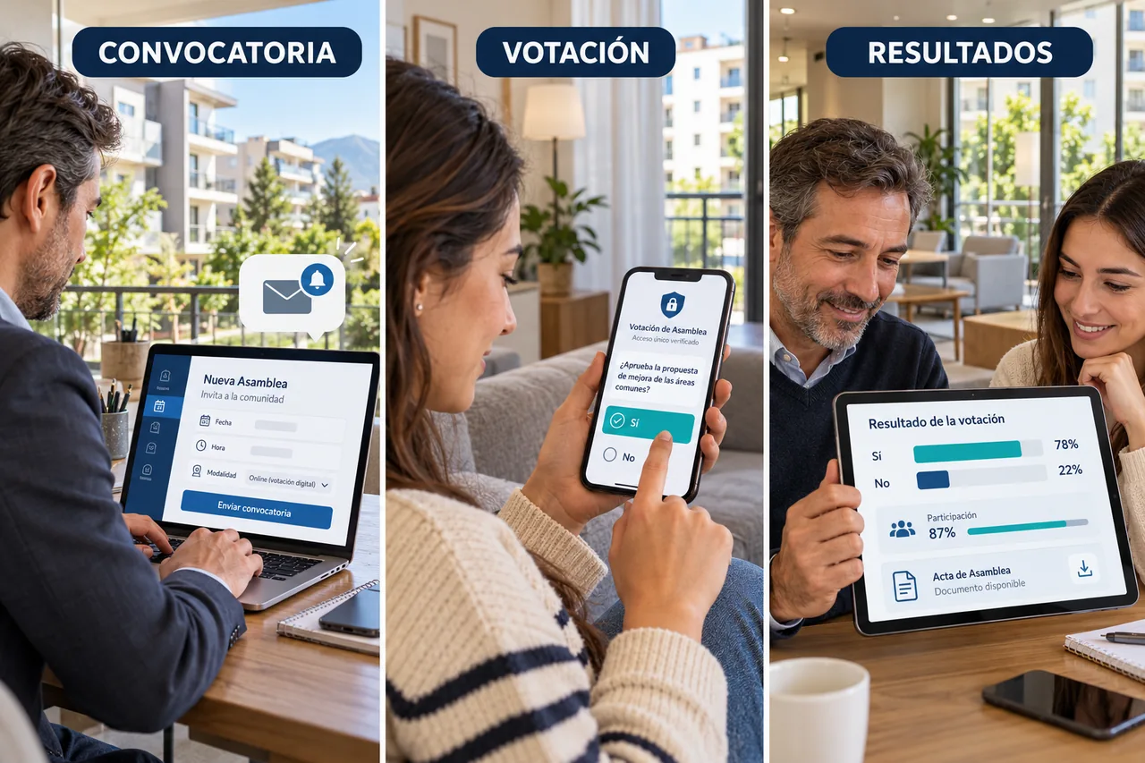 Tres escenas ilustrativas: convocatoria de asamblea, voto digital del residente y resultados con acta.